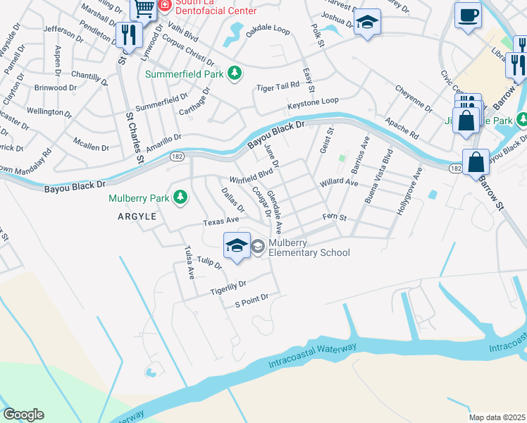 map of restaurants, bars, coffee shops, grocery stores, and more near 21 Austin Drive in Houma