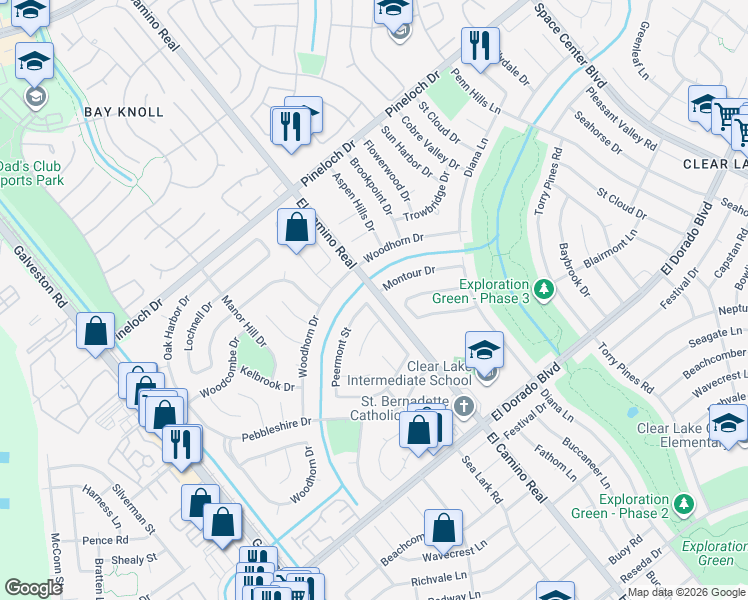 map of restaurants, bars, coffee shops, grocery stores, and more near 15402 Peermont Street in Houston