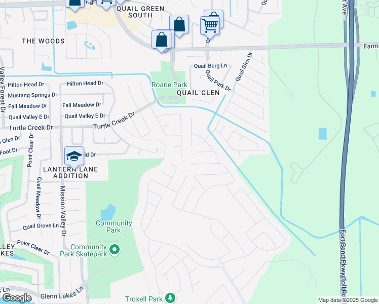 map of restaurants, bars, coffee shops, grocery stores, and more near 17330 Artwood Lane in Missouri City