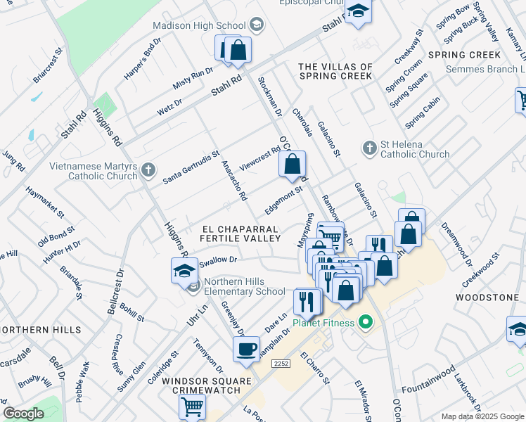 map of restaurants, bars, coffee shops, grocery stores, and more near 14413 Edgemont Street in San Antonio
