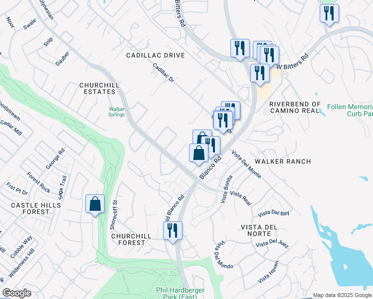 map of restaurants, bars, coffee shops, grocery stores, and more near 14215 Cavalcade Street in San Antonio