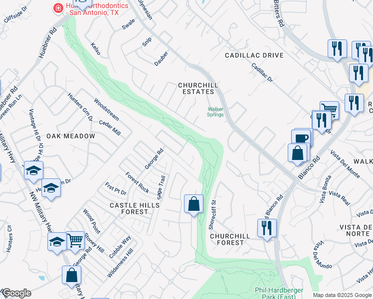 map of restaurants, bars, coffee shops, grocery stores, and more near 2602 Mushroom Trail in San Antonio