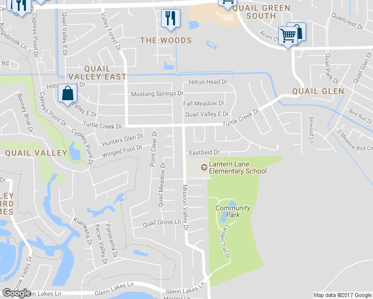 map of restaurants, bars, coffee shops, grocery stores, and more near 1934 Eastfield Drive in Missouri City