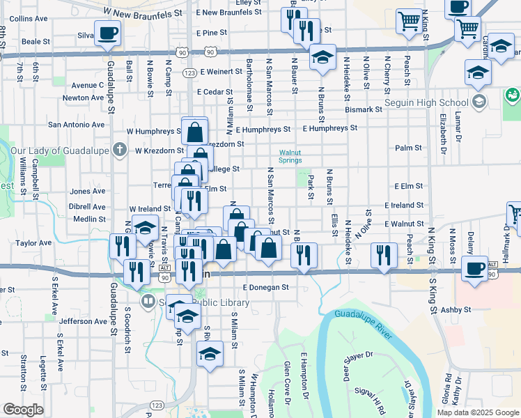 map of restaurants, bars, coffee shops, grocery stores, and more near 521 East Ireland Street in Seguin