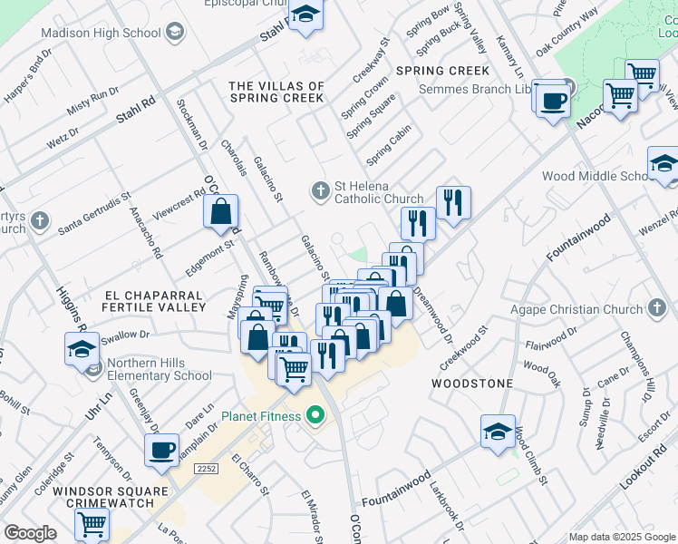 map of restaurants, bars, coffee shops, grocery stores, and more near 14507 Devout in San Antonio