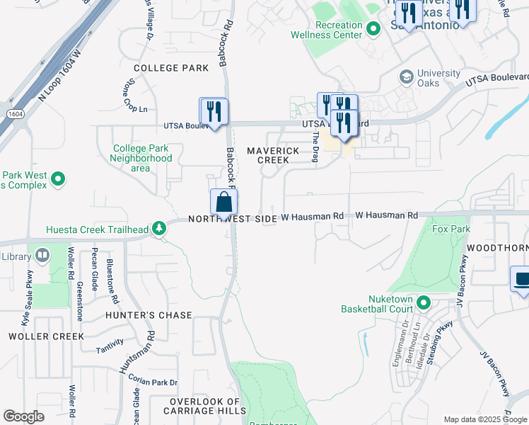 map of restaurants, bars, coffee shops, grocery stores, and more near 102 Jetlyn Drive in San Antonio