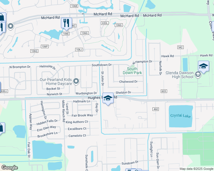 map of restaurants, bars, coffee shops, grocery stores, and more near 1118 Wentworth Drive in Pearland