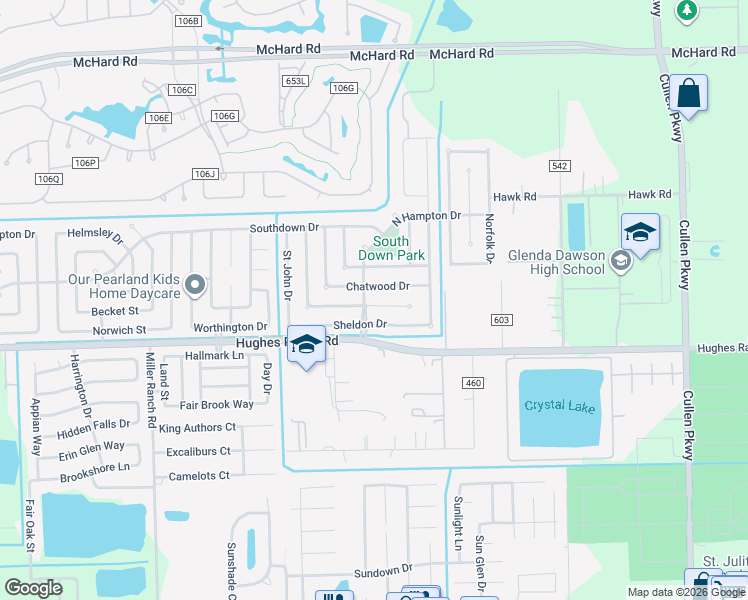 map of restaurants, bars, coffee shops, grocery stores, and more near 3607 Wellington Drive in Pearland