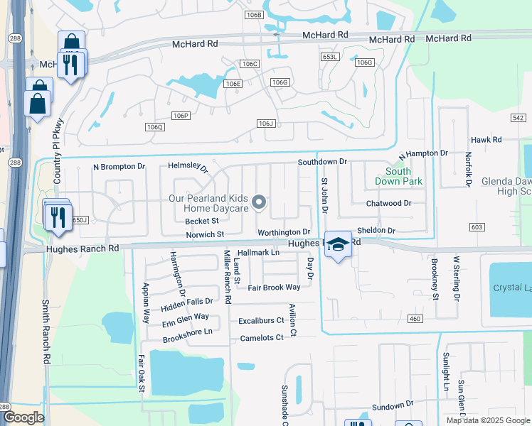 map of restaurants, bars, coffee shops, grocery stores, and more near 1118 Beckton Lane in Pearland