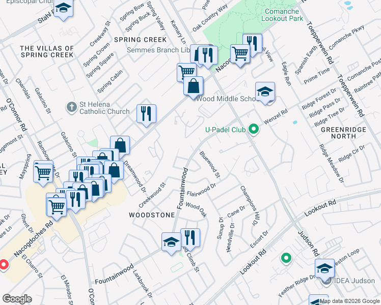 map of restaurants, bars, coffee shops, grocery stores, and more near 14407 Ledgewood Street in San Antonio