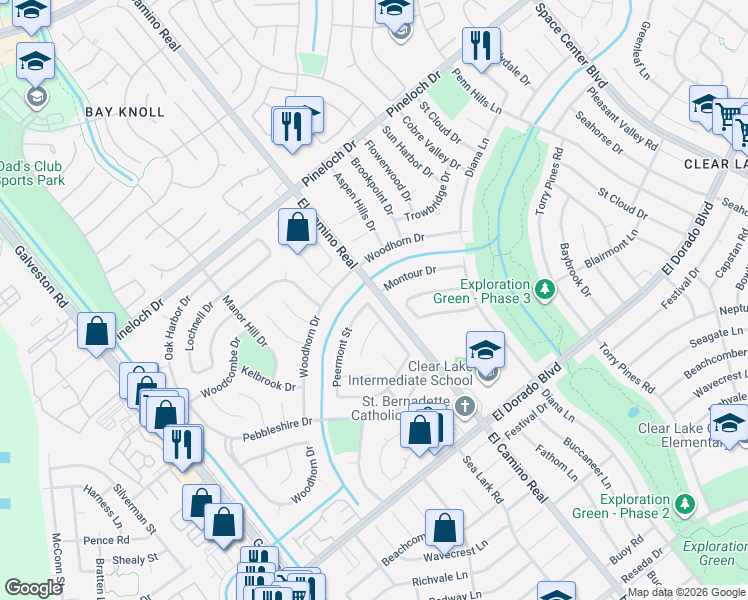 map of restaurants, bars, coffee shops, grocery stores, and more near 15402 Peermont Street in Houston