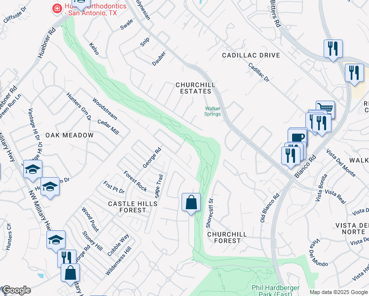 map of restaurants, bars, coffee shops, grocery stores, and more near 2602 Mushroom Trail in San Antonio