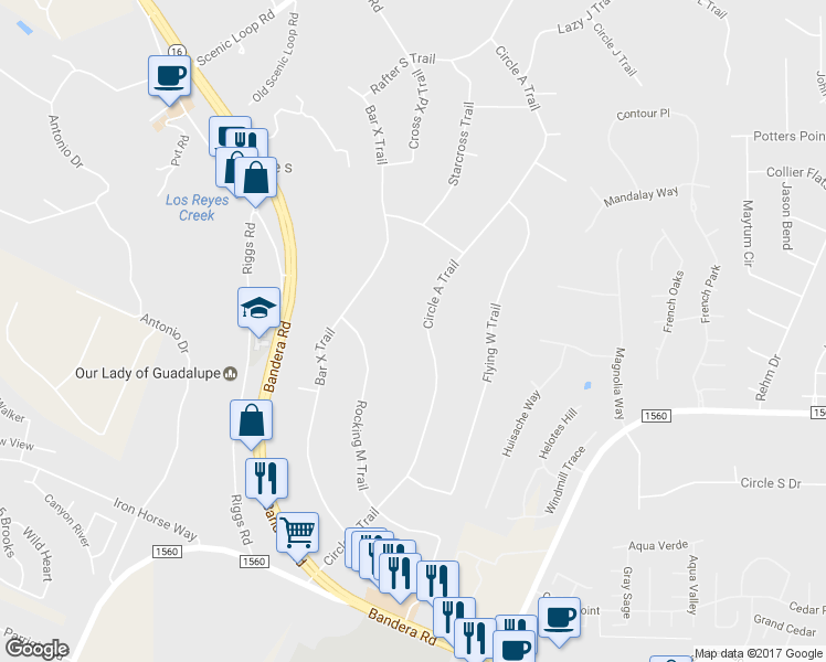 map of restaurants, bars, coffee shops, grocery stores, and more near 13903 Circle A Trail in Helotes