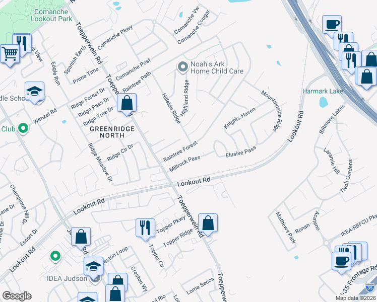 map of restaurants, bars, coffee shops, grocery stores, and more near 6726 Raintree Forest in San Antonio