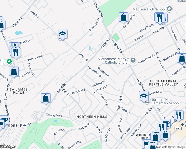 map of restaurants, bars, coffee shops, grocery stores, and more near 14114 Kramme Circle in San Antonio