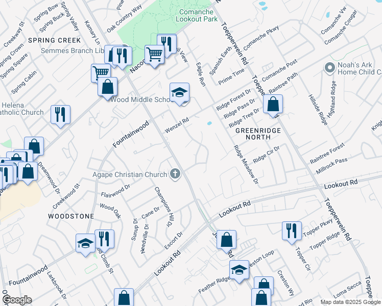 map of restaurants, bars, coffee shops, grocery stores, and more near 14419 Waddesdon Bluff in San Antonio