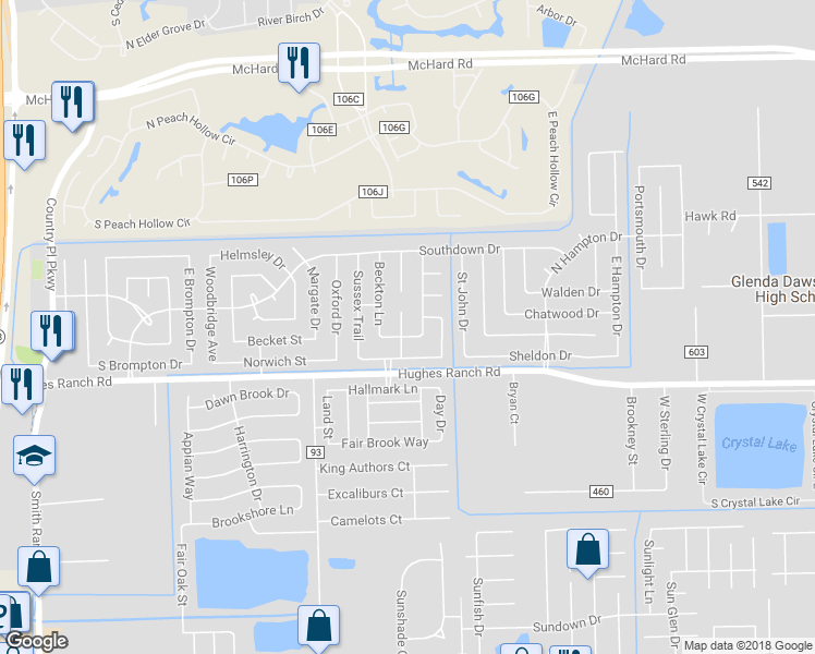 map of restaurants, bars, coffee shops, grocery stores, and more near 1123 Newhaven Trail in Pearland