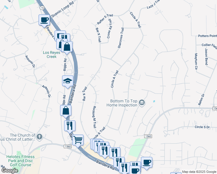 map of restaurants, bars, coffee shops, grocery stores, and more near 13903 Circle A Trail in Helotes