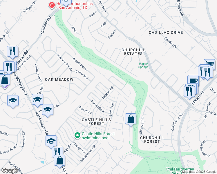map of restaurants, bars, coffee shops, grocery stores, and more near 13706 Wilderness Creek Drive in San Antonio