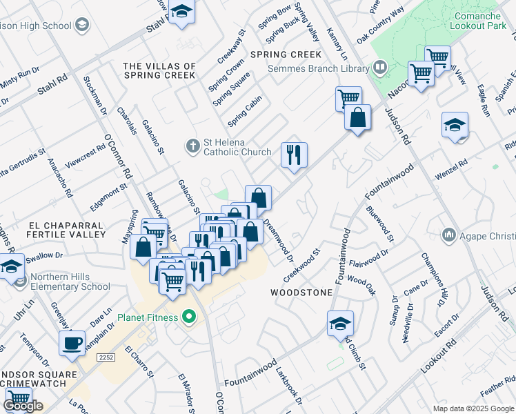 map of restaurants, bars, coffee shops, grocery stores, and more near 5439 Friesenhahn Court in San Antonio