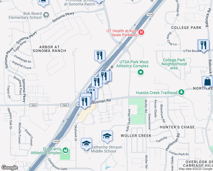 map of restaurants, bars, coffee shops, grocery stores, and more near 8202 Texas 1604 Loop in San Antonio