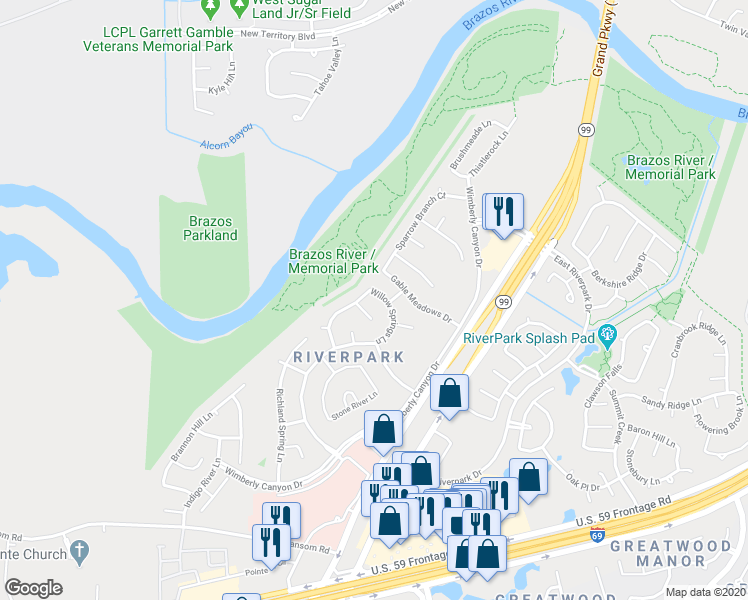 map of restaurants, bars, coffee shops, grocery stores, and more near 2514 Willow Springs Lane in Sugar Land