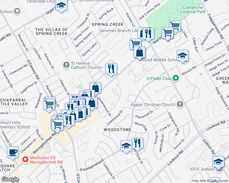 map of restaurants, bars, coffee shops, grocery stores, and more near 14650 Nacogdoches Road in San Antonio