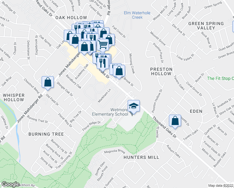 map of restaurants, bars, coffee shops, grocery stores, and more near 14358 Markham Glen in San Antonio
