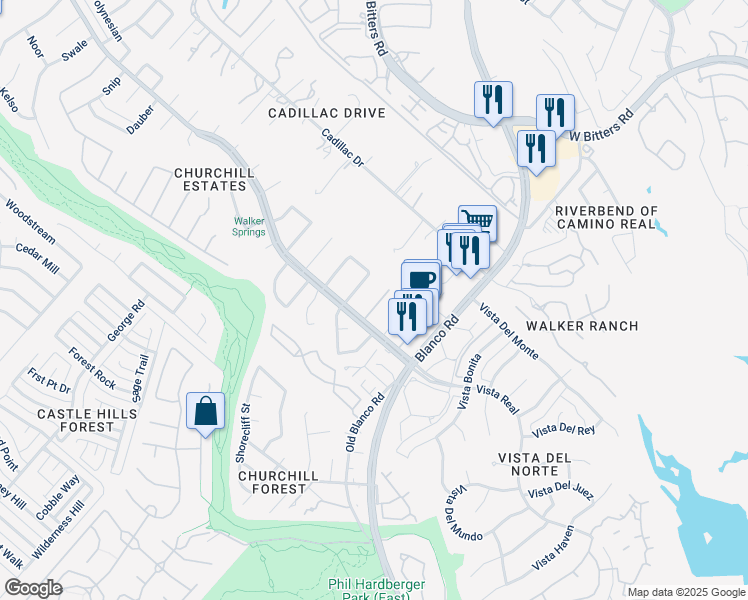 map of restaurants, bars, coffee shops, grocery stores, and more near 14215 Cavalcade Street in San Antonio