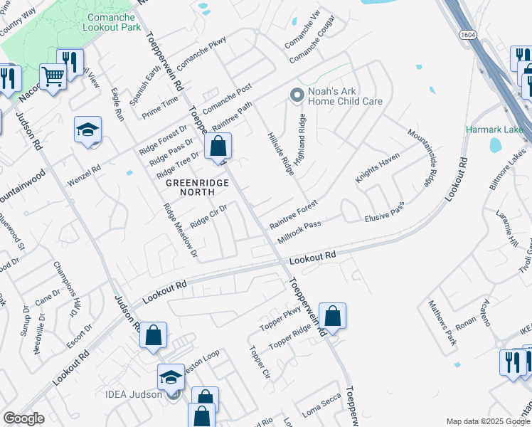 map of restaurants, bars, coffee shops, grocery stores, and more near 14514 Toepperwein Road in San Antonio