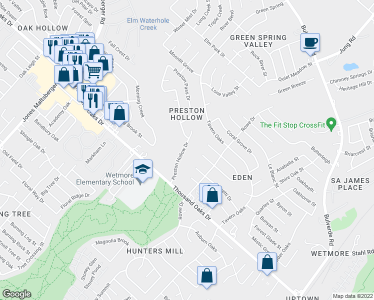 map of restaurants, bars, coffee shops, grocery stores, and more near 15058 Preston Hollow Drive in San Antonio
