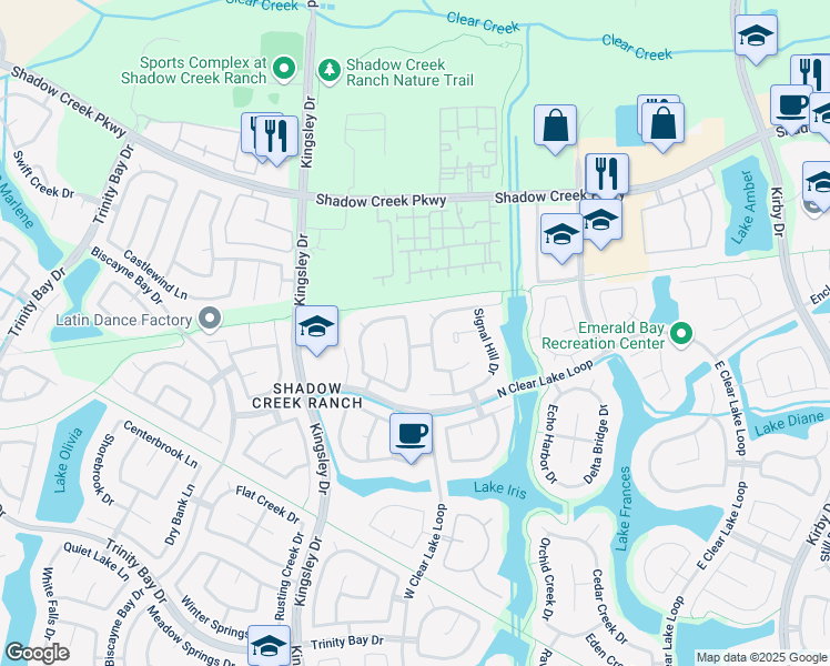 map of restaurants, bars, coffee shops, grocery stores, and more near 2109 Drake Falls Drive in Pearland