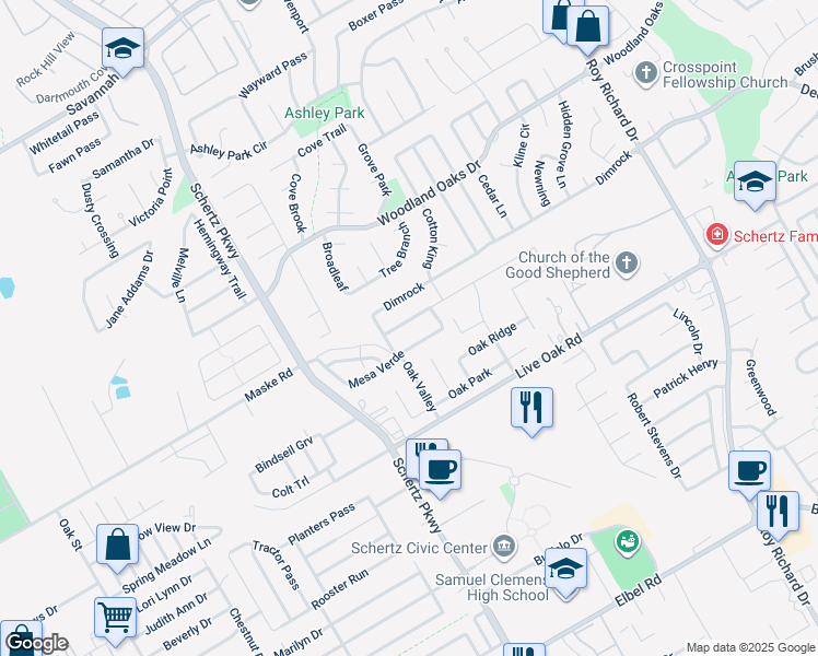 map of restaurants, bars, coffee shops, grocery stores, and more near 824 Water Oak in Schertz