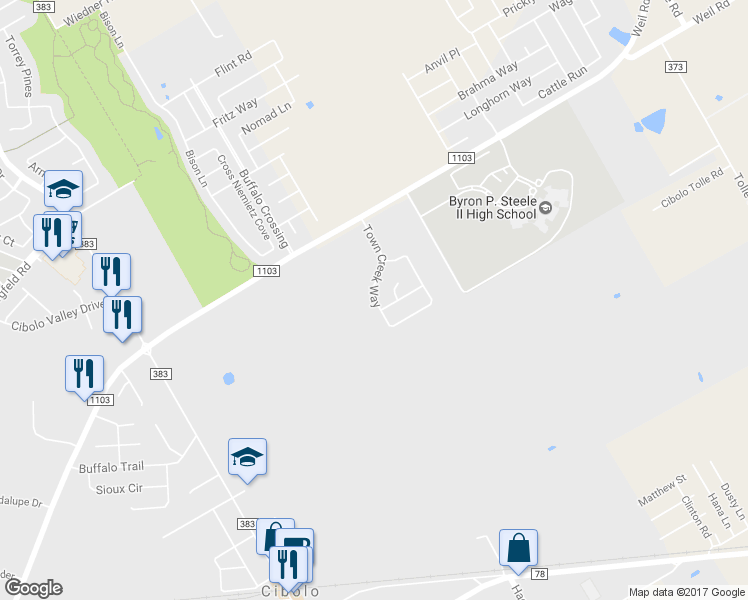 map of restaurants, bars, coffee shops, grocery stores, and more near 245 Town Creek Way in Cibolo