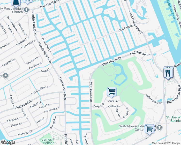 map of restaurants, bars, coffee shops, grocery stores, and more near 54 Club House Drive in Palm Coast