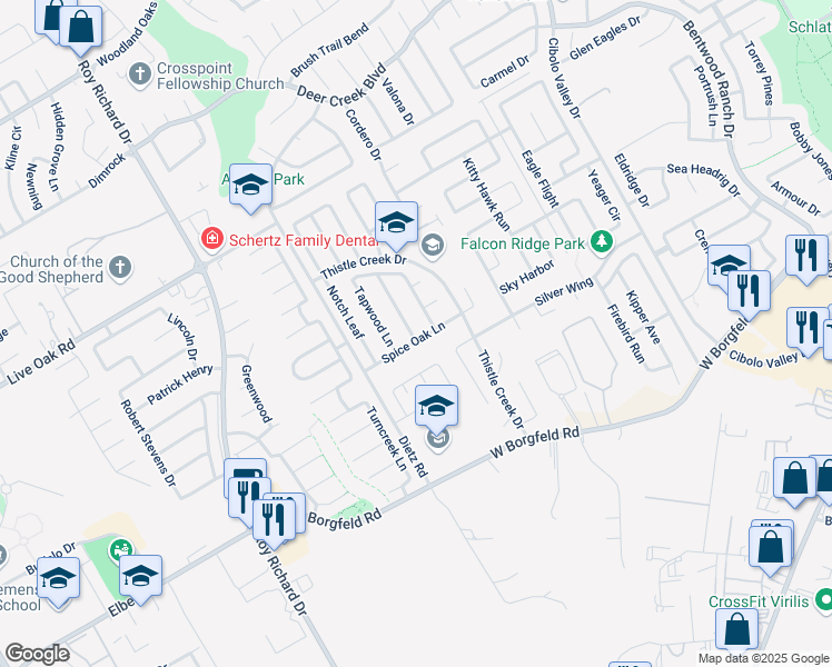map of restaurants, bars, coffee shops, grocery stores, and more near 181 Rosegate Drive in Cibolo