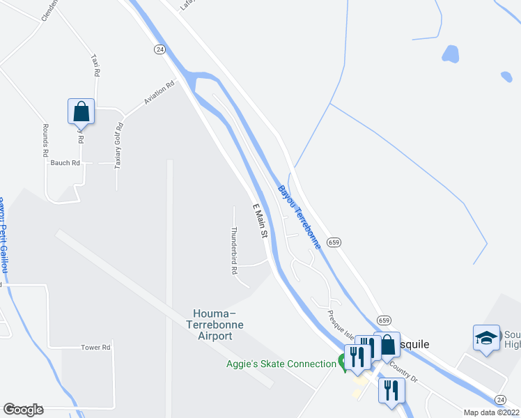 map of restaurants, bars, coffee shops, grocery stores, and more near 10309 East Main Street in Houma