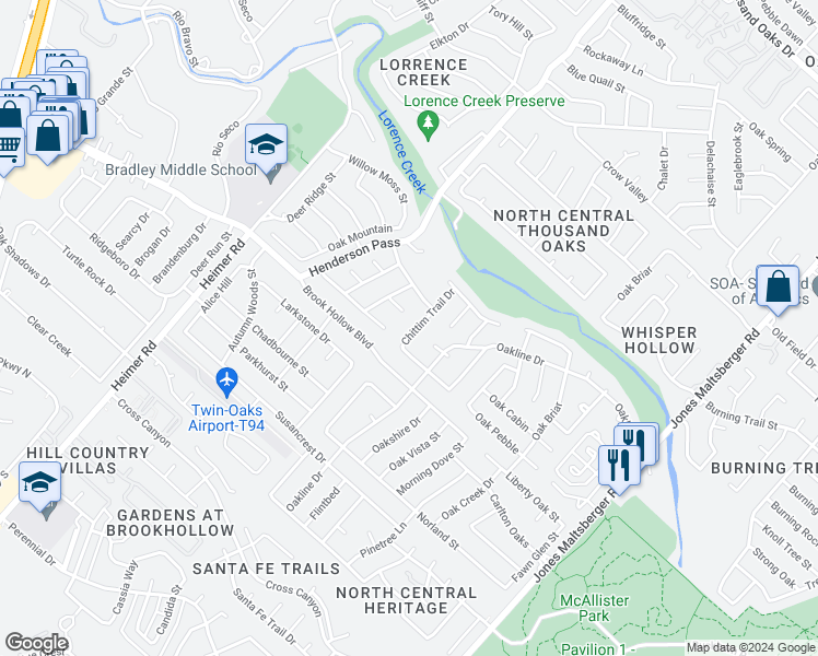 map of restaurants, bars, coffee shops, grocery stores, and more near 2023 Chittim Trail Drive in San Antonio