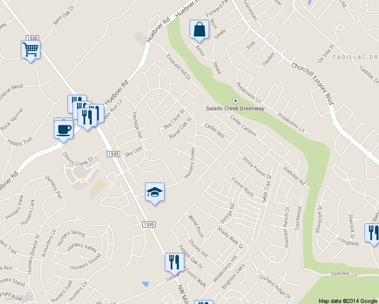 map of restaurants, bars, coffee shops, grocery stores, and more near 2603 Indian Ridge Dr in San Antonio