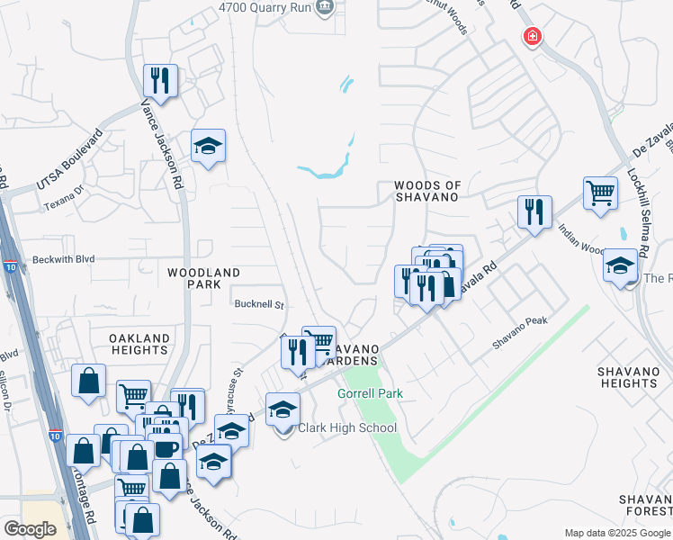 map of restaurants, bars, coffee shops, grocery stores, and more near 14003 Rocky Pine Woods Street in San Antonio