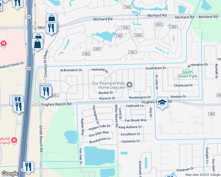 map of restaurants, bars, coffee shops, grocery stores, and more near 3046 Sherborne Street in Pearland
