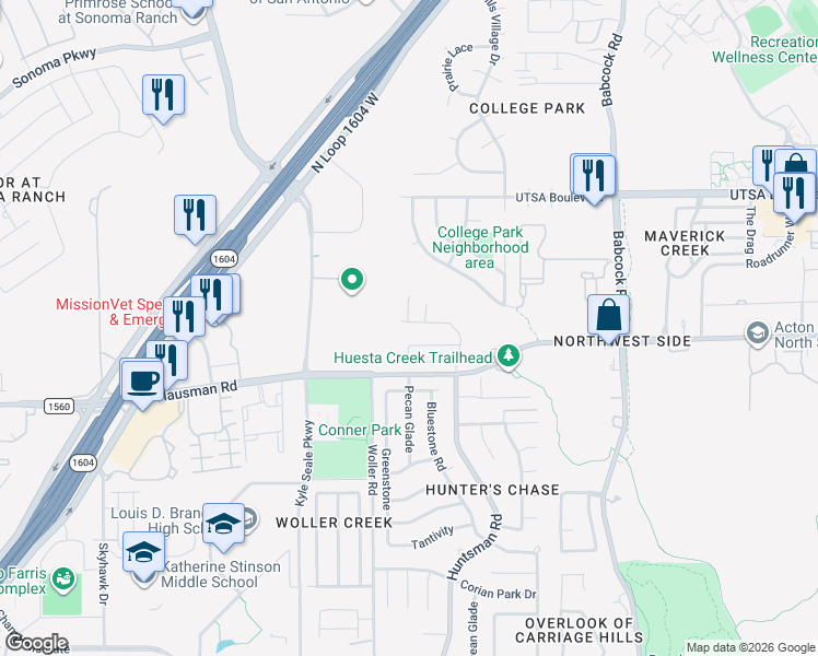 map of restaurants, bars, coffee shops, grocery stores, and more near 7750 Nature Pass in San Antonio