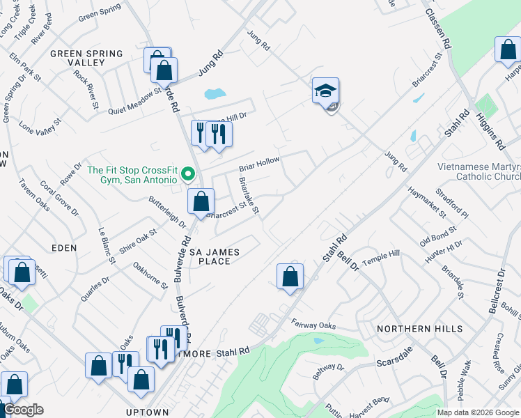 map of restaurants, bars, coffee shops, grocery stores, and more near 3871 Briarhaven Street in San Antonio