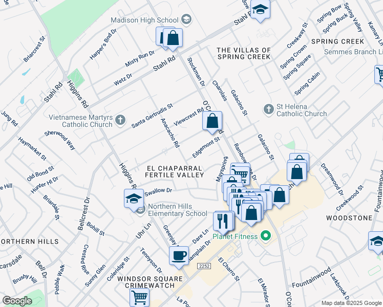 map of restaurants, bars, coffee shops, grocery stores, and more near 14413 Edgemont Street in San Antonio