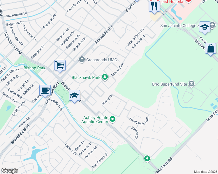 map of restaurants, bars, coffee shops, grocery stores, and more near 12131 Falls Coppice Lane in Houston