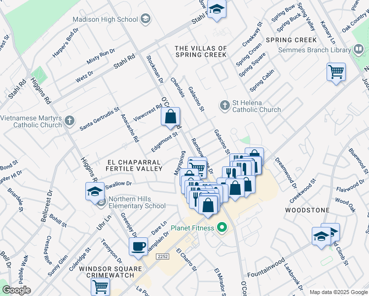 map of restaurants, bars, coffee shops, grocery stores, and more near 5024 Mayspring in San Antonio