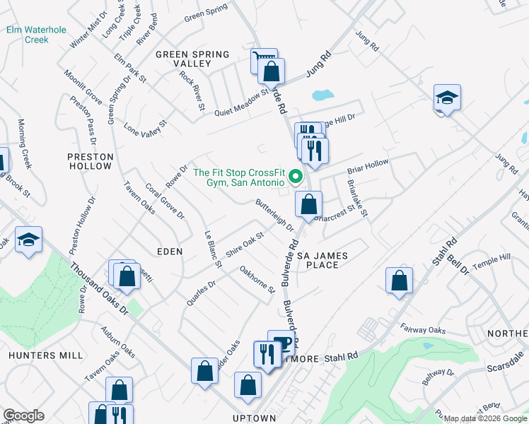 map of restaurants, bars, coffee shops, grocery stores, and more near 3406 Butterleigh in San Antonio