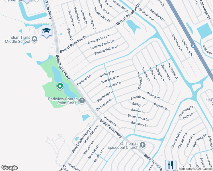 map of restaurants, bars, coffee shops, grocery stores, and more near 23 Bassett Lane in Palm Coast