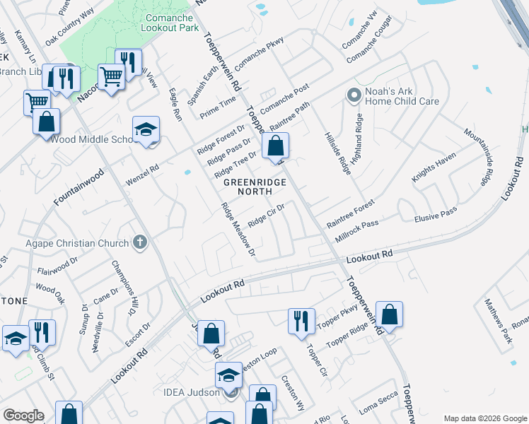 map of restaurants, bars, coffee shops, grocery stores, and more near 6435 Ridge Circle Drive in San Antonio