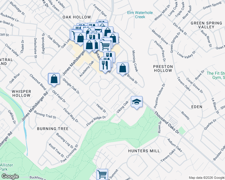 map of restaurants, bars, coffee shops, grocery stores, and more near 14338 Markham Lane in San Antonio